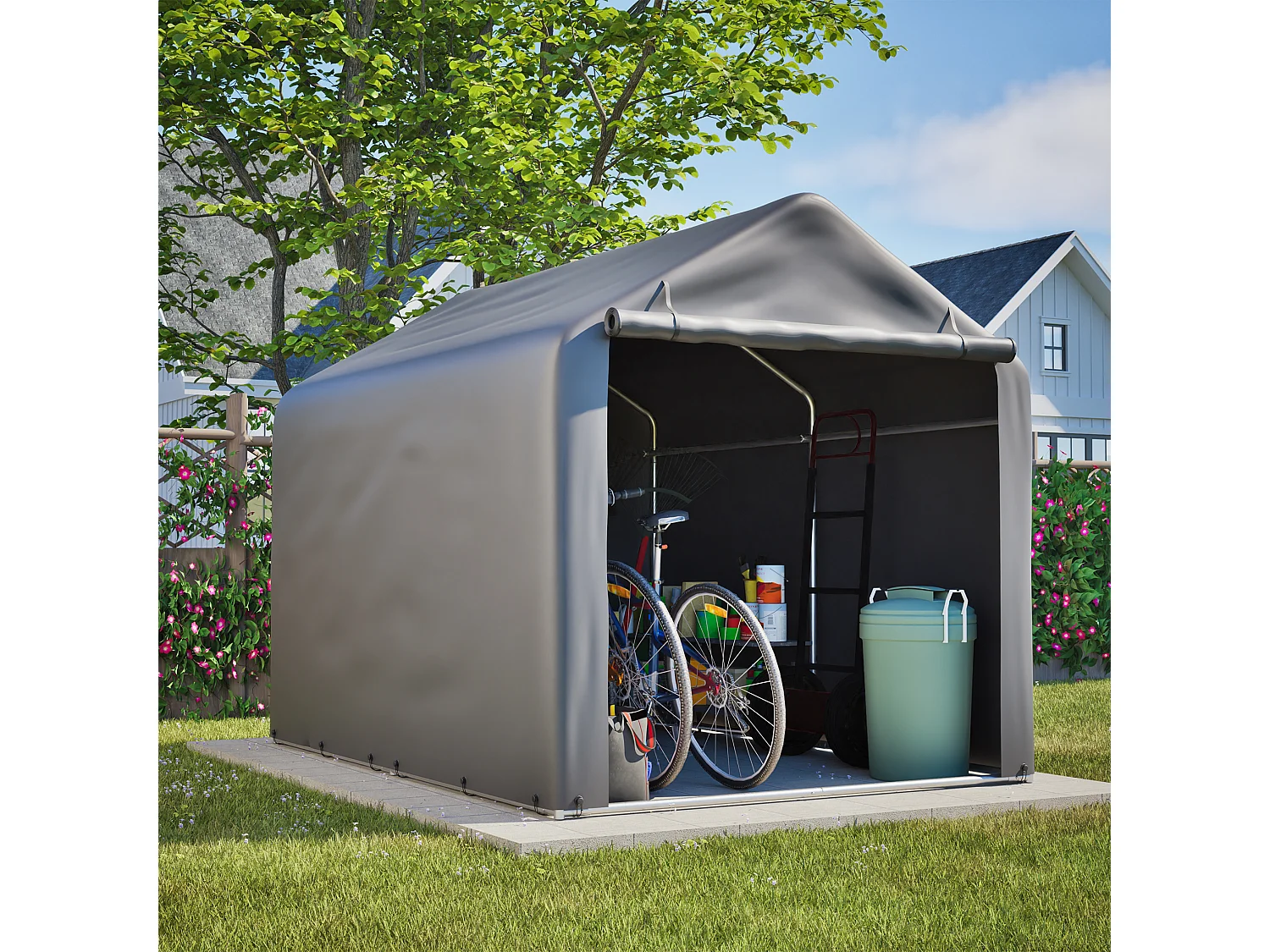 Grijze fietsenstalling van 160x220x165 cm in metaal en PE met roldeur.