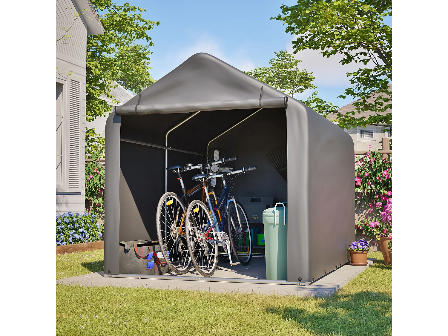 Grijze fietsenstalling van 160x220x165 cm in metaal en PE met roldeur.