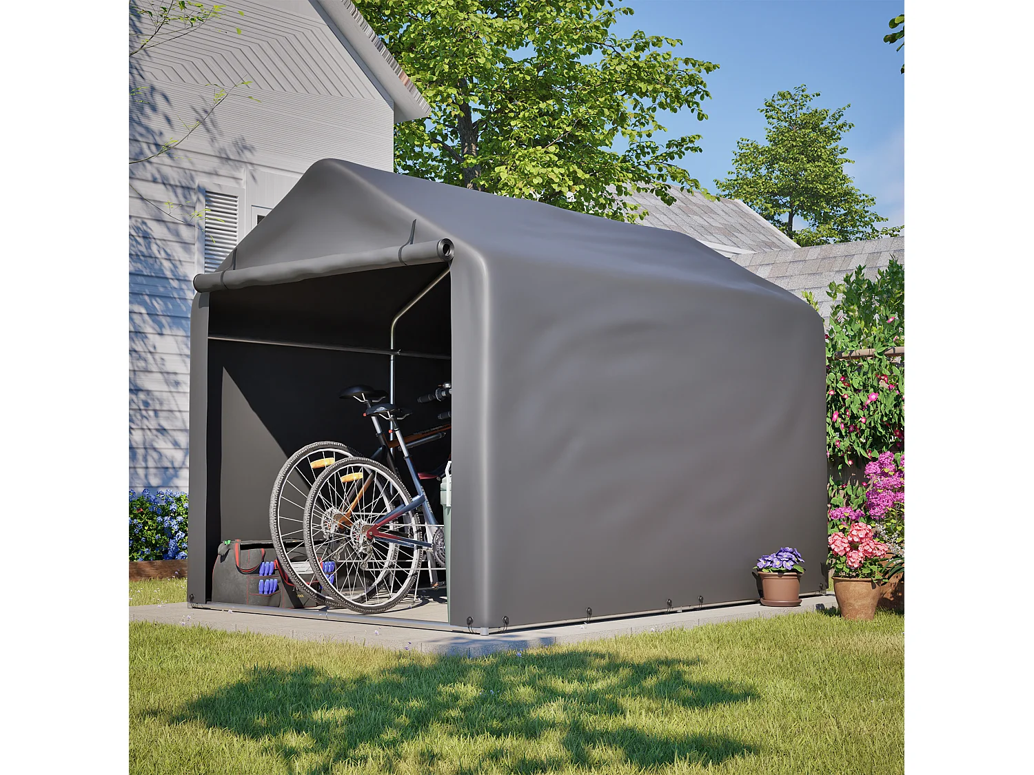 Grijze fietsenstalling van 160x220x165 cm in metaal en PE met roldeur.