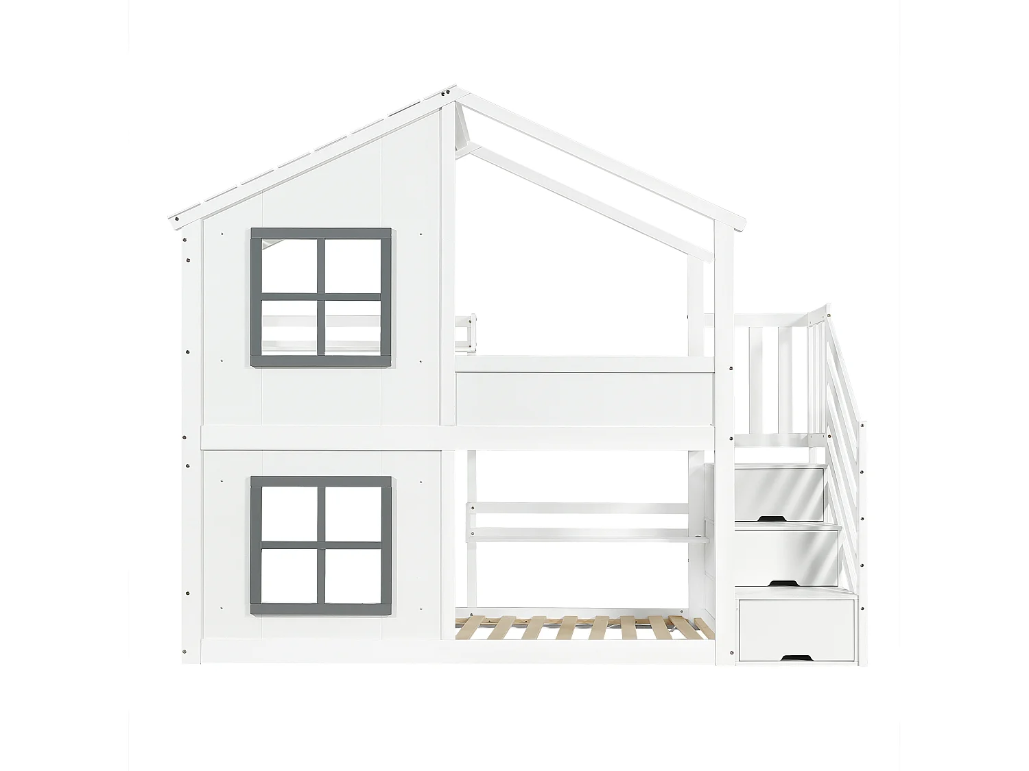 Litera infantil de 90x200 cm con espacio de almacenamiento - Cama tipo cabaña de madera blanca y gris