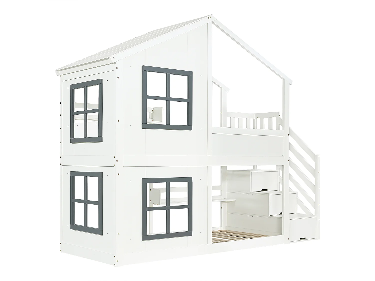 Litera infantil de 90x200 cm con espacio de almacenamiento - Cama tipo cabaña de madera blanca y gris