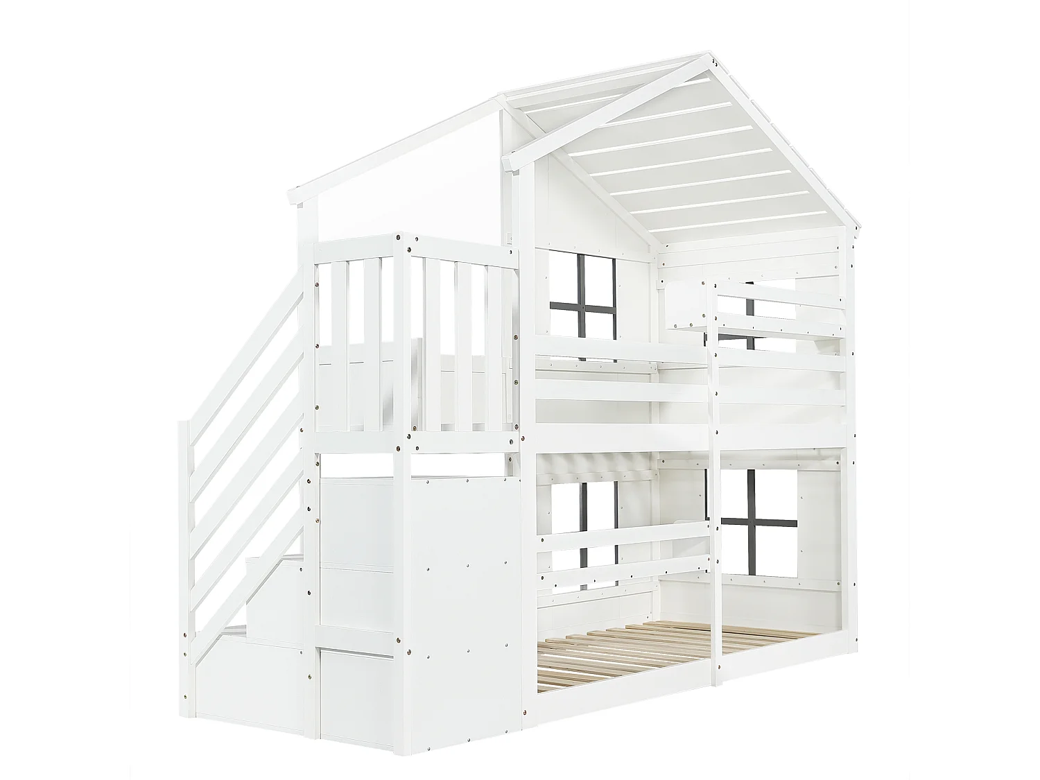 Litera infantil de 90x200 cm con espacio de almacenamiento - Cama tipo cabaña de madera blanca y gris