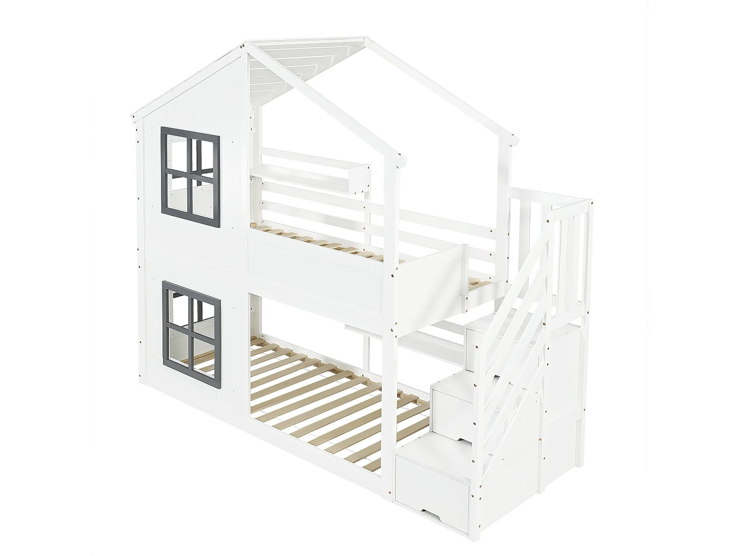 Litera infantil de 90x200 cm con espacio de almacenamiento - Cama tipo cabaña de madera blanca y gris