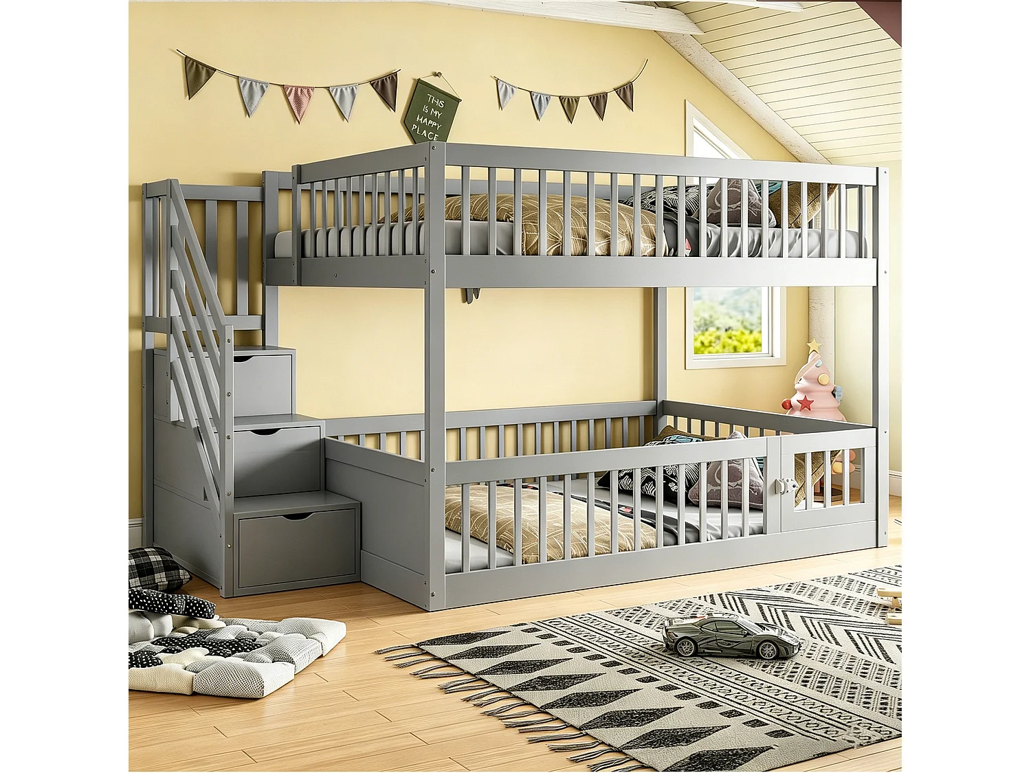 Lit superposés enfant - 2 x 140 x 200 - avec escalier de rangement + barrières - bois - gris