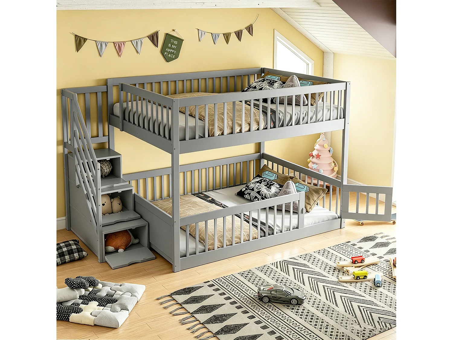 Lit superposés enfant - 2 x 140 x 200 - avec escalier de rangement + barrières - bois - gris