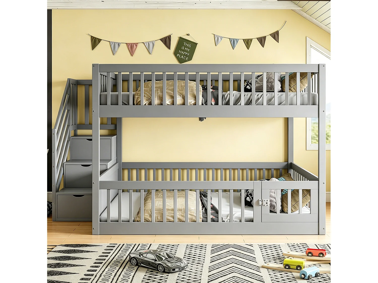 Lit superposés enfant - 2 x 140 x 200 - avec escalier de rangement + barrières - bois - gris