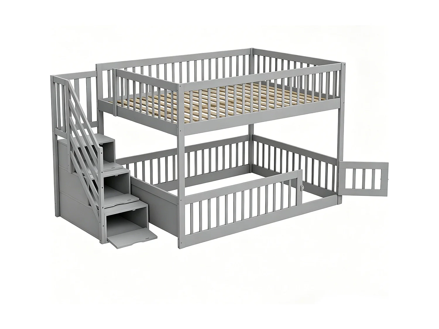Lit superposés enfant - 2 x 140 x 200 - avec escalier de rangement + barrières - bois - gris