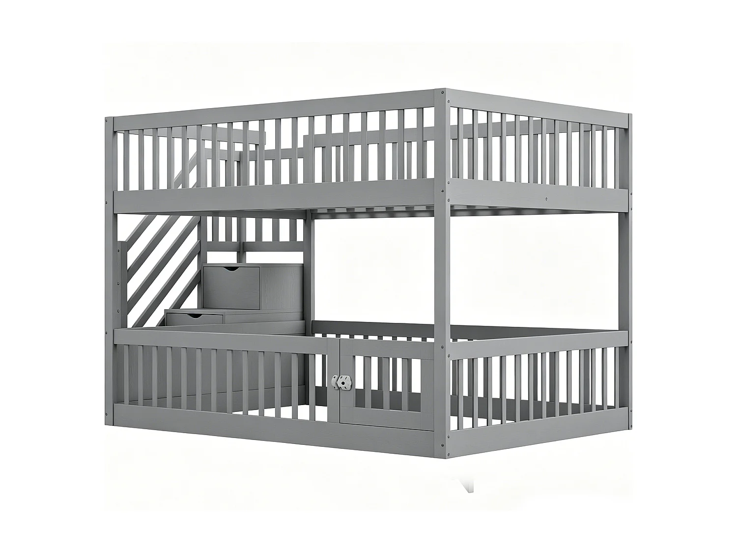 Lit superposés enfant - 2 x 140 x 200 - avec escalier de rangement + barrières - bois - gris
