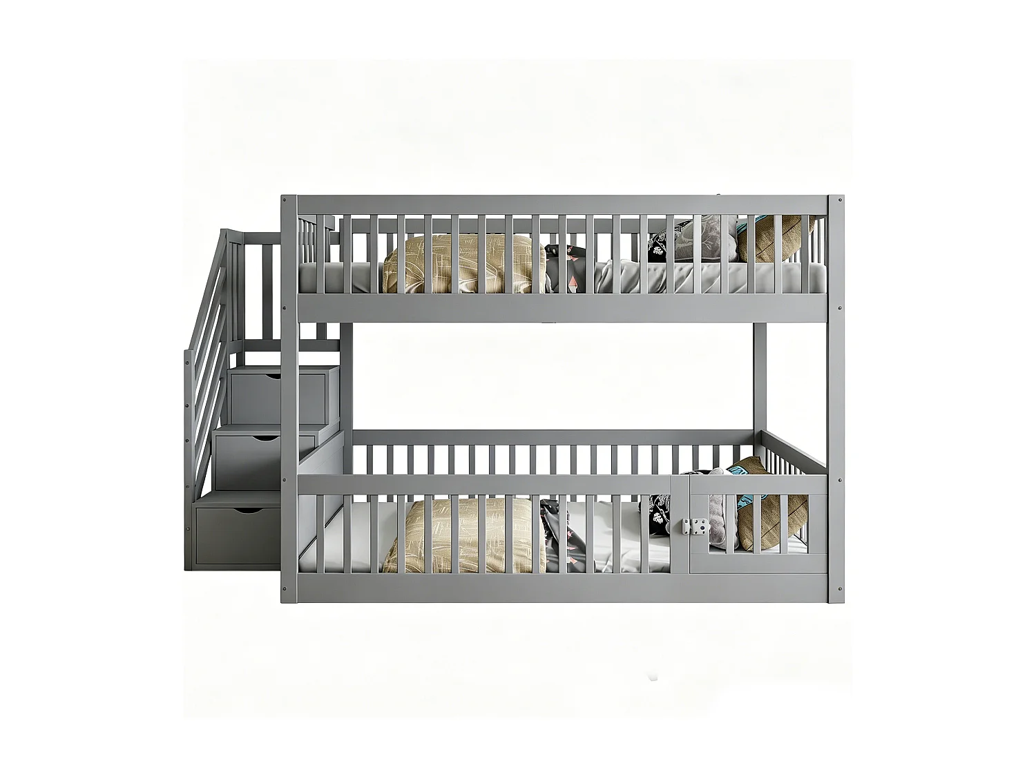 Lit superposés enfant - 2 x 140 x 200 - avec escalier de rangement + barrières - bois - gris