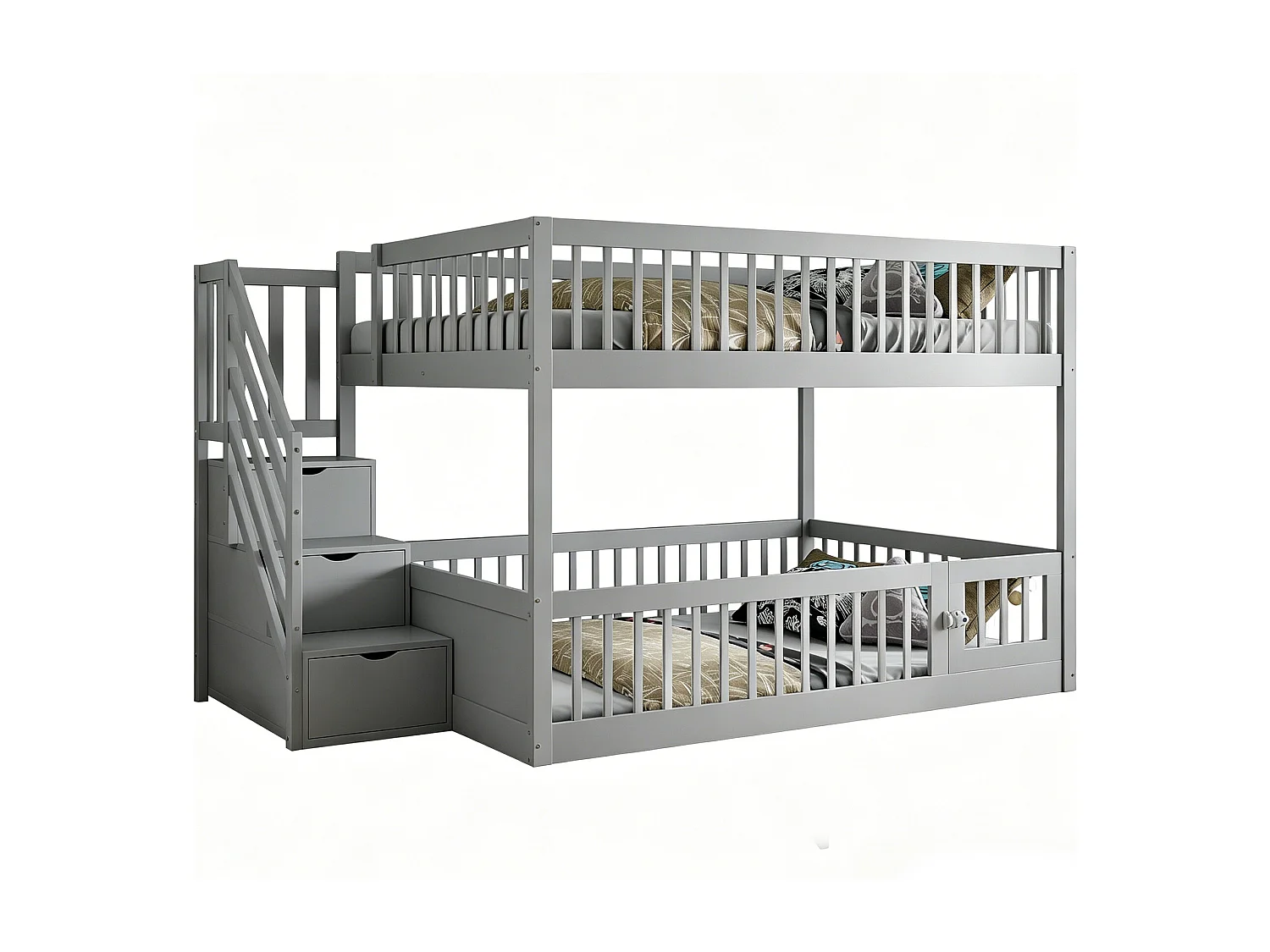 Lit superposés enfant - 2 x 140 x 200 - avec escalier de rangement + barrières - bois - gris