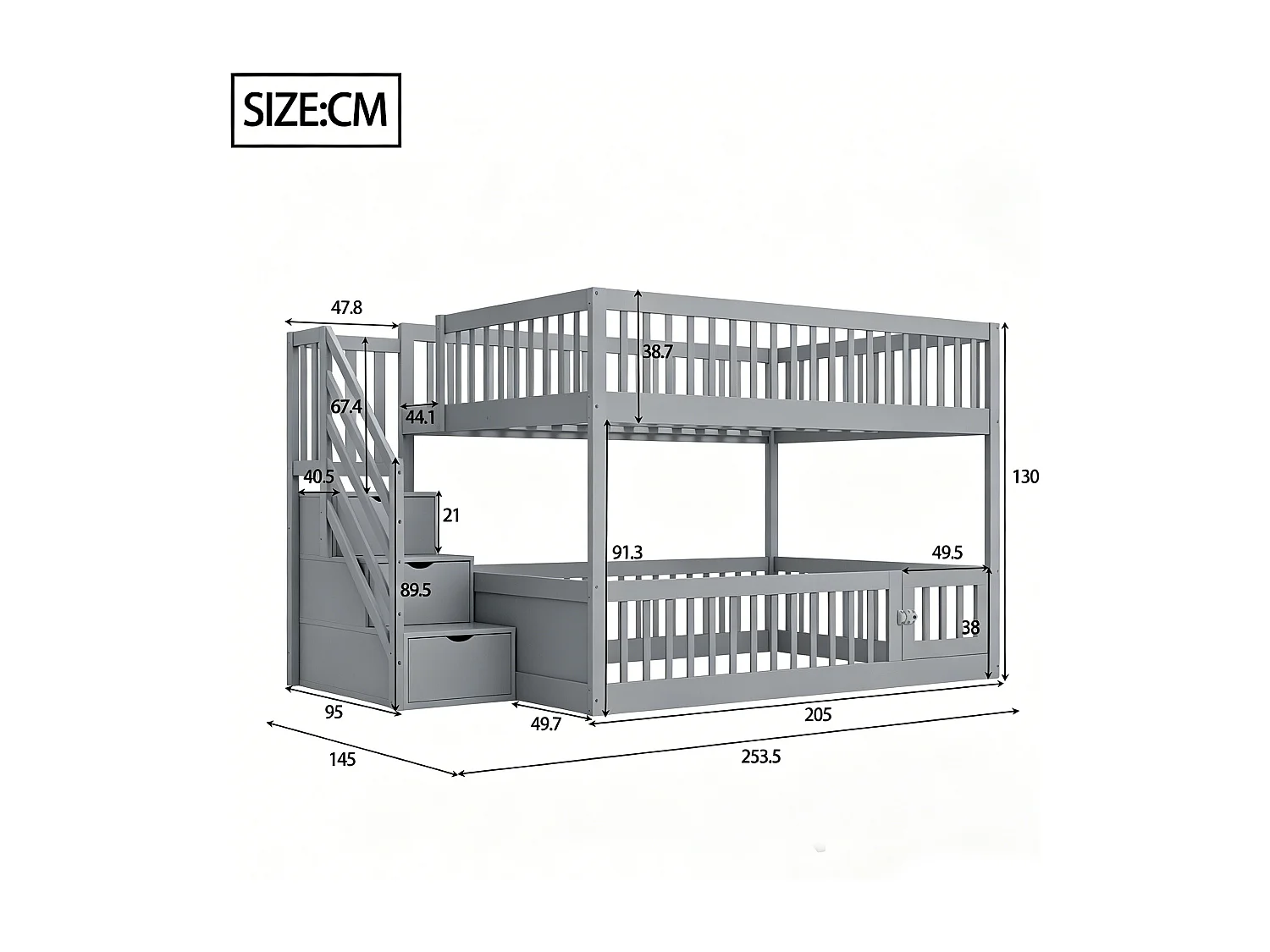 Lit superposés enfant - 2 x 140 x 200 - avec escalier de rangement + barrières - bois - gris