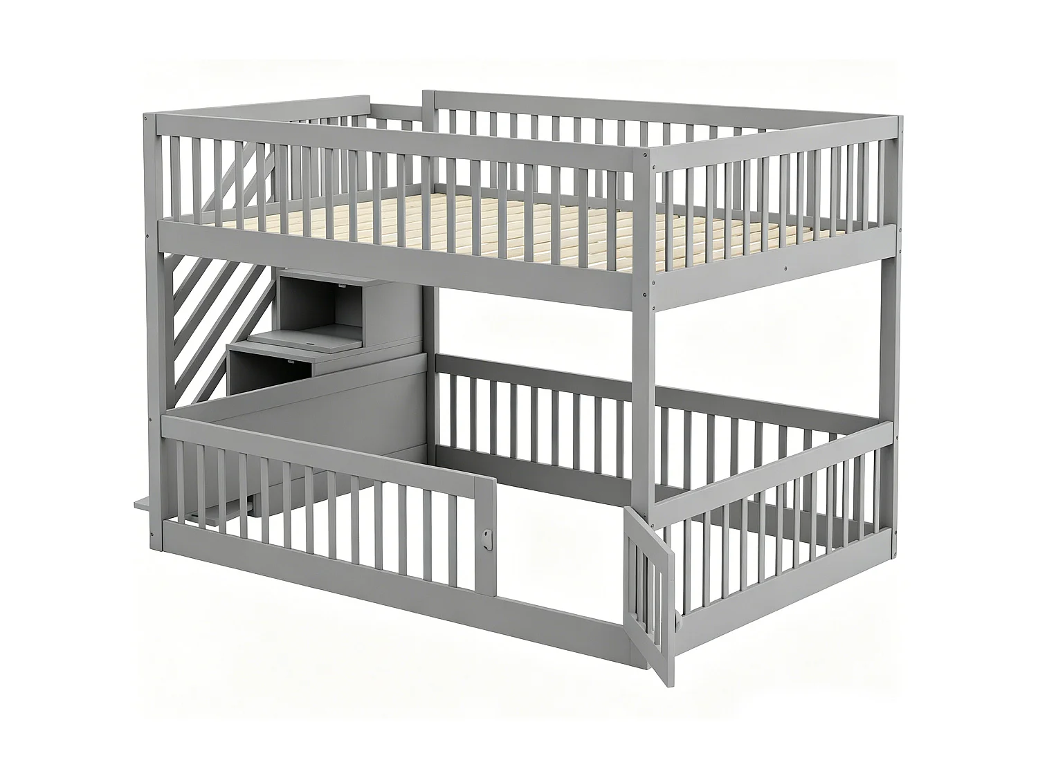 Lit superposés enfant - 2 x 140 x 200 - avec escalier de rangement + barrières - bois - gris