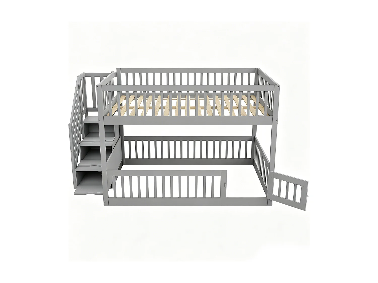 Lit superposés enfant - 2 x 140 x 200 - avec escalier de rangement + barrières - bois - gris