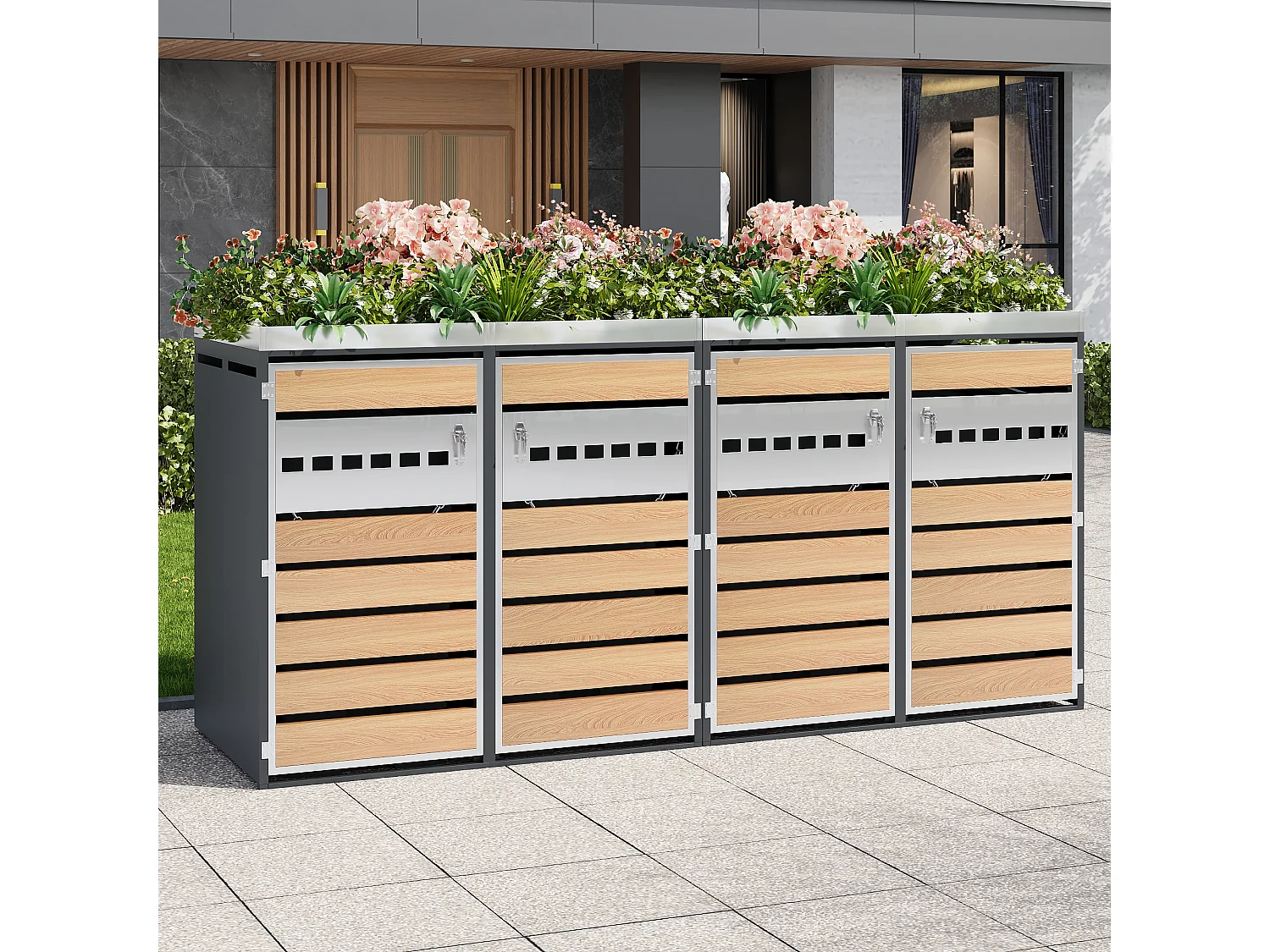 Abri Cache-poubelle quadruple 4x240L XXL avec Jardinière intégrée - Design Bande Argentée et Bois - Acier galvanisé - Gris