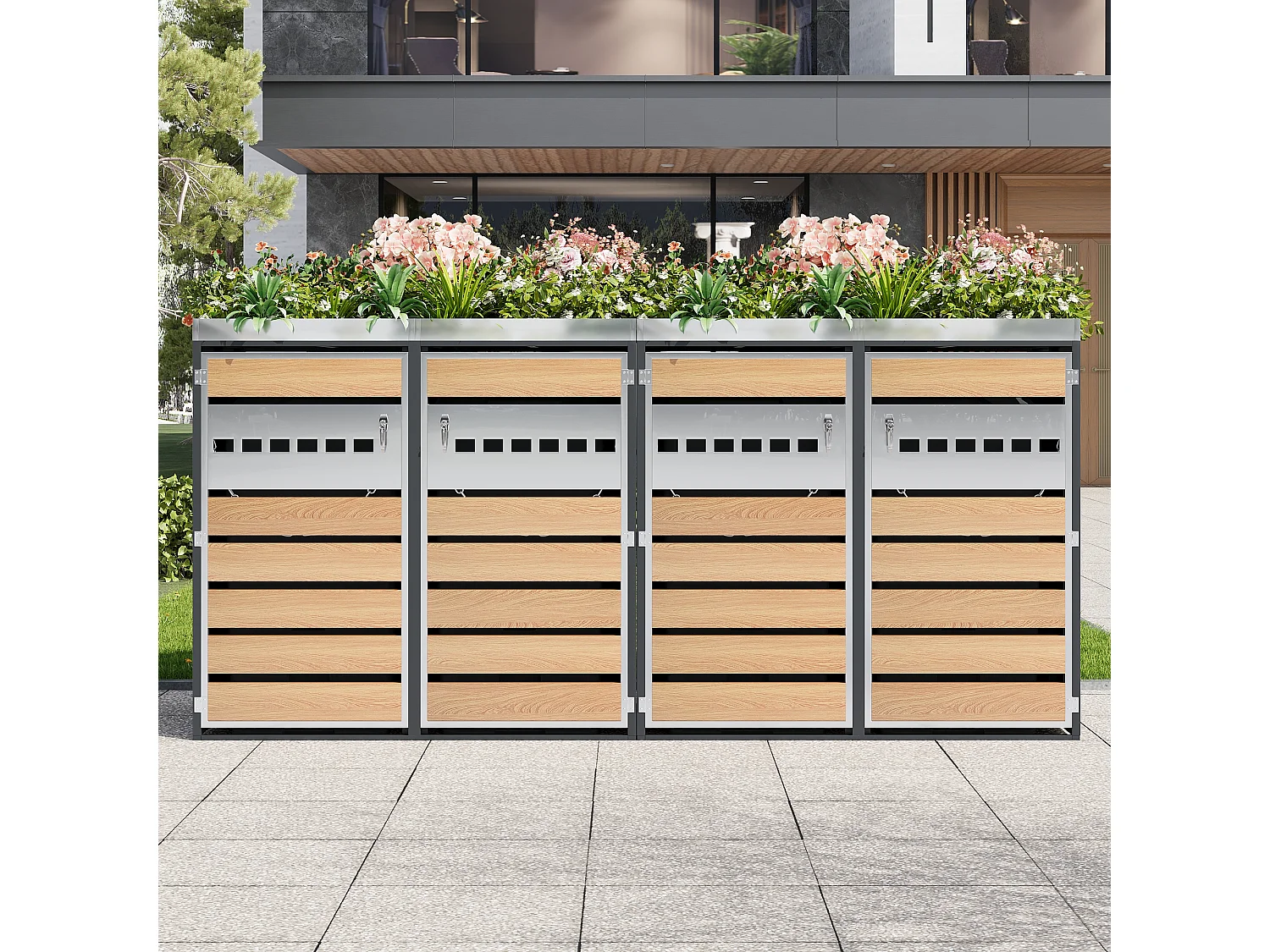 Abri Cache-poubelle quadruple 4x240L XXL avec Jardinière intégrée - Design Bande Argentée et Bois - Acier galvanisé - Gris