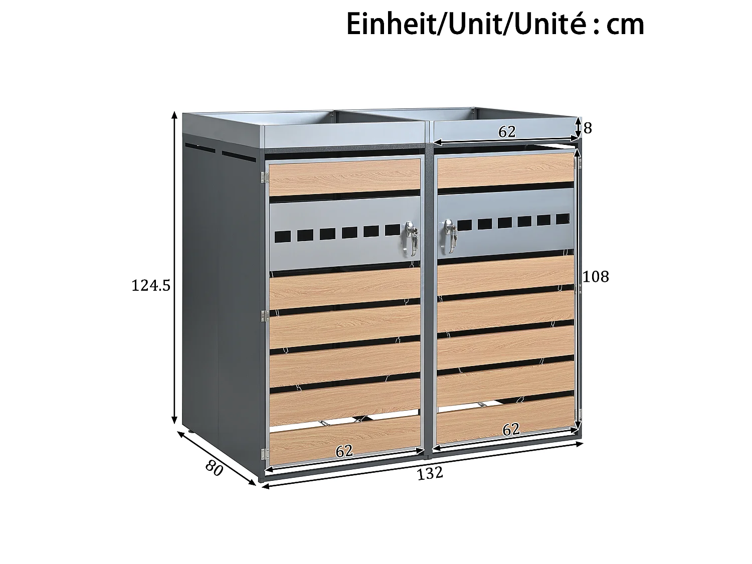 Abri Cache-poubelle quadruple 4x240L XXL avec Jardinière intégrée - Design Bande Argentée et Bois - Acier galvanisé - Gris