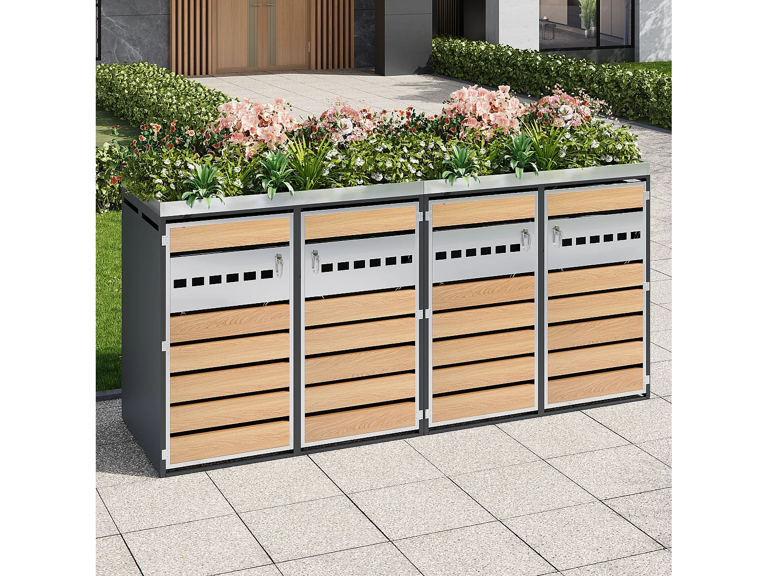 Abri Cache-poubelle quadruple 4x240L XXL avec Jardinière intégrée - Design Bande Argentée et Bois - Acier galvanisé - Gris