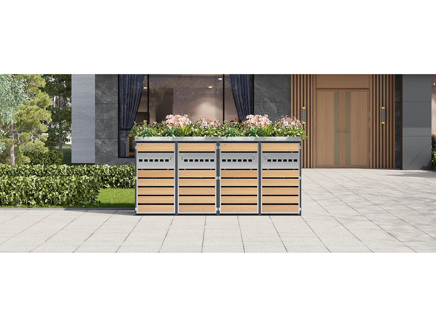 Abri Cache-poubelle quadruple 4x240L XXL avec Jardinière intégrée - Design Bande Argentée et Bois - Acier galvanisé - Gris