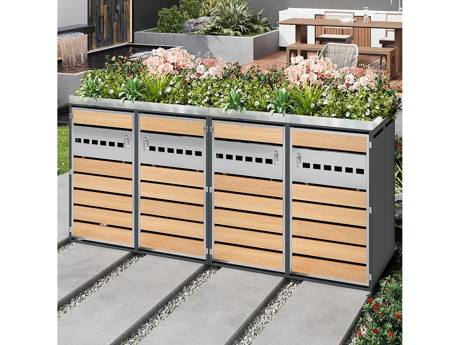 Abri Cache-poubelle quadruple 4x240L XXL avec Jardinière intégrée - Design Bande Argentée et Bois - Acier galvanisé - Gris