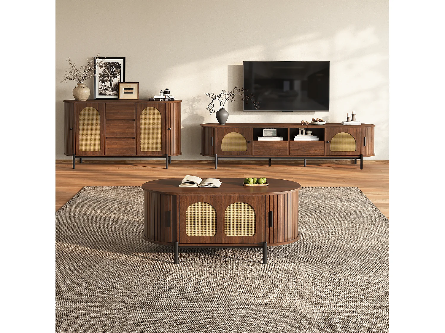 3-delige woonkamerset in rotanlook - salontafel + tv-meubel + dressoir - met deuren en lades - MDF - bruin