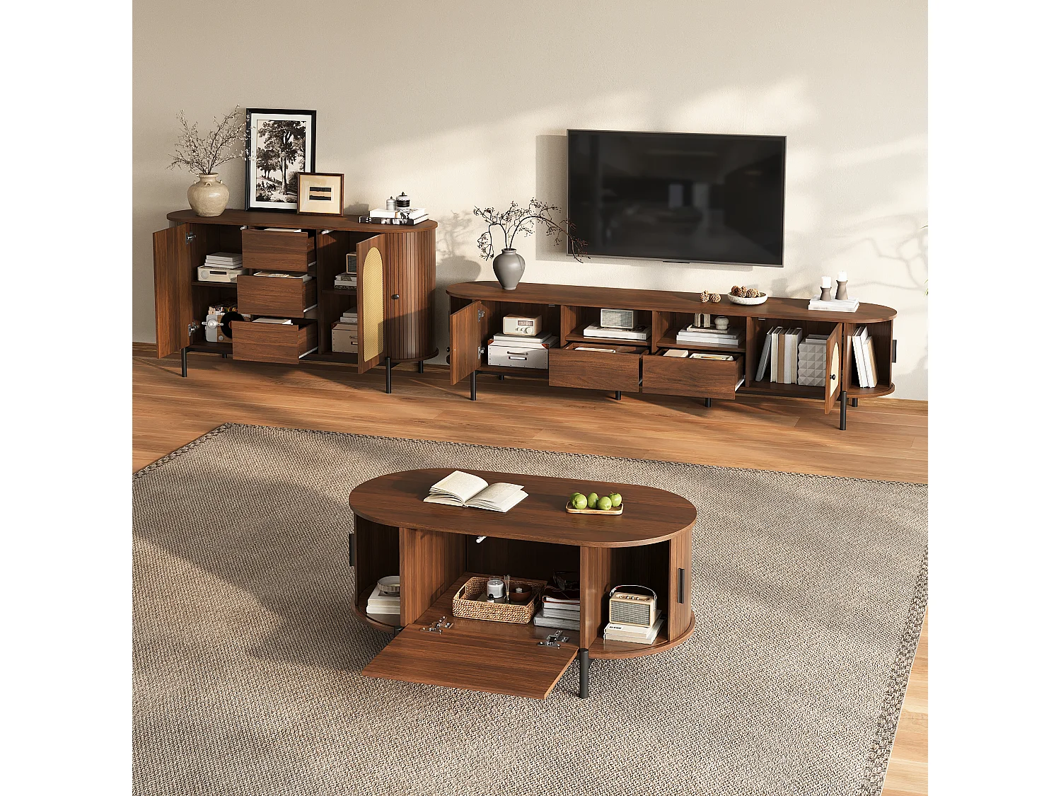 3-delige woonkamerset in rotanlook - salontafel + tv-meubel + dressoir - met deuren en lades - MDF - bruin