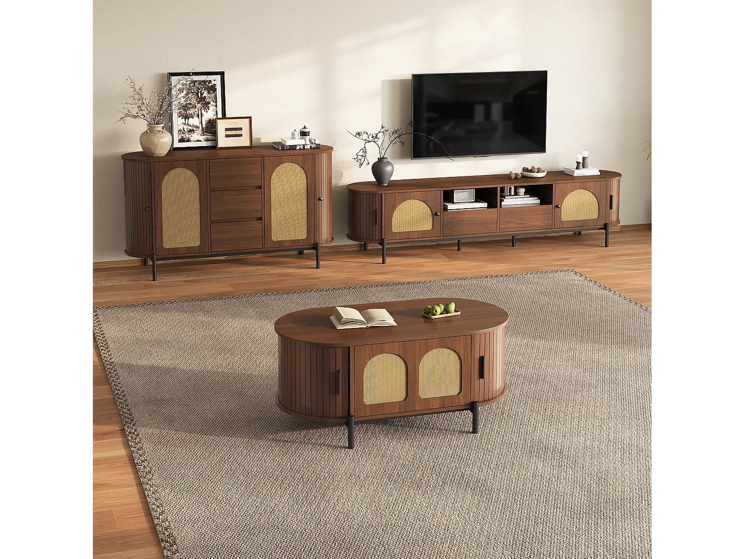 3-delige woonkamerset in rotanlook - salontafel + tv-meubel + dressoir - met deuren en lades - MDF - bruin