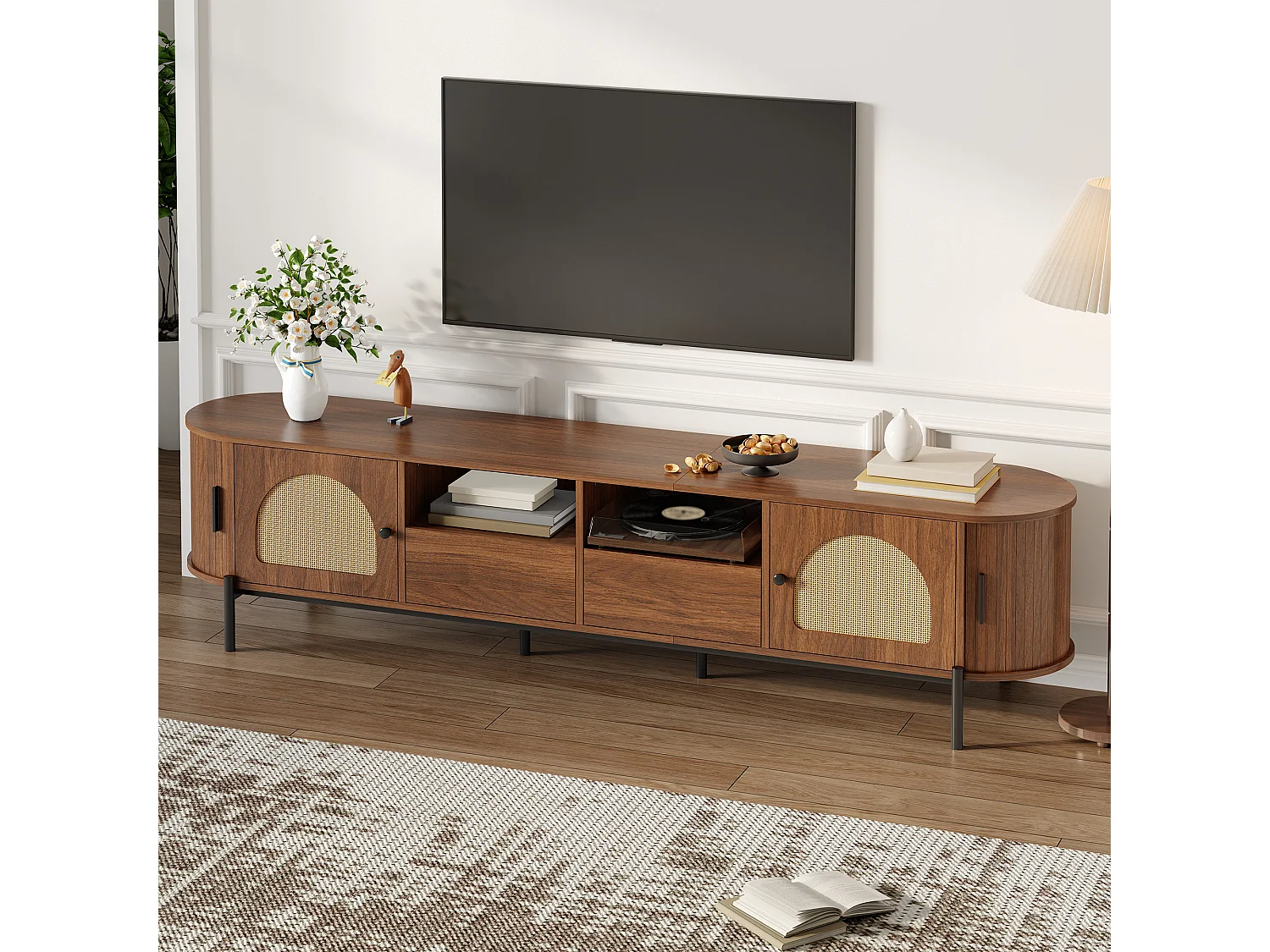 3-delige woonkamerset in rotanlook - salontafel + tv-meubel + dressoir - met deuren en lades - MDF - bruin