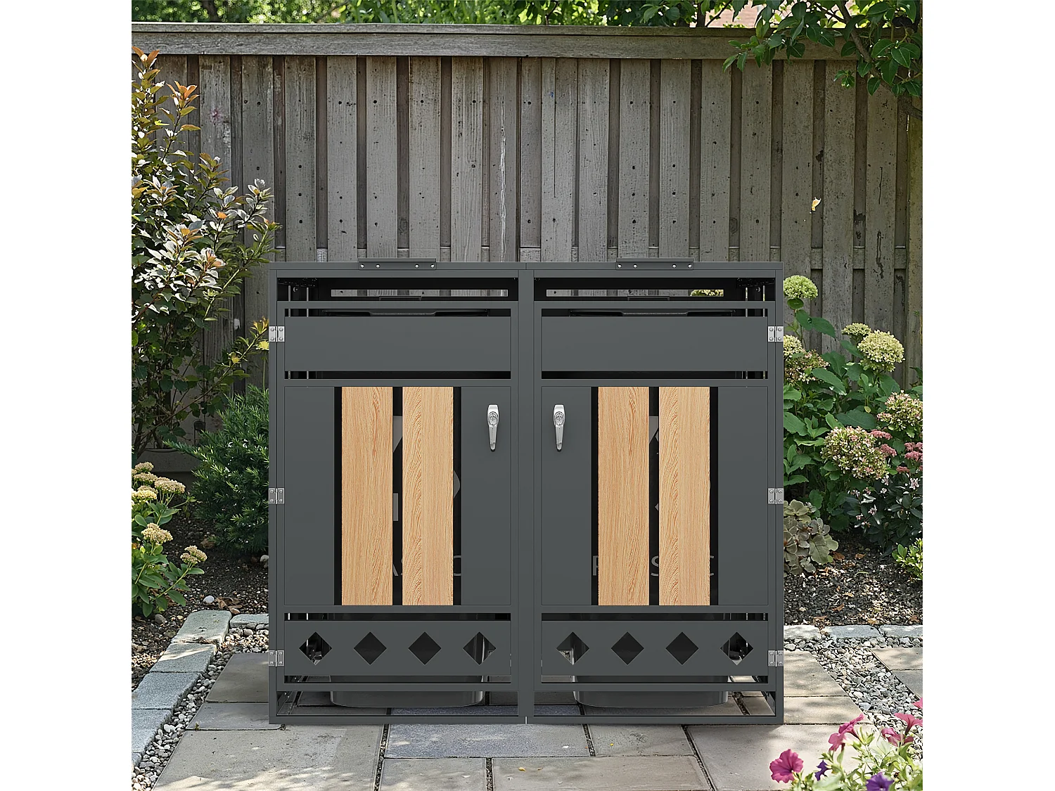 Cache-poubelle double 2x240L avec Couvercle Hydraulique et Design Losanges - Acier galvanisé aspect Bois - Double Ouverture - Gris