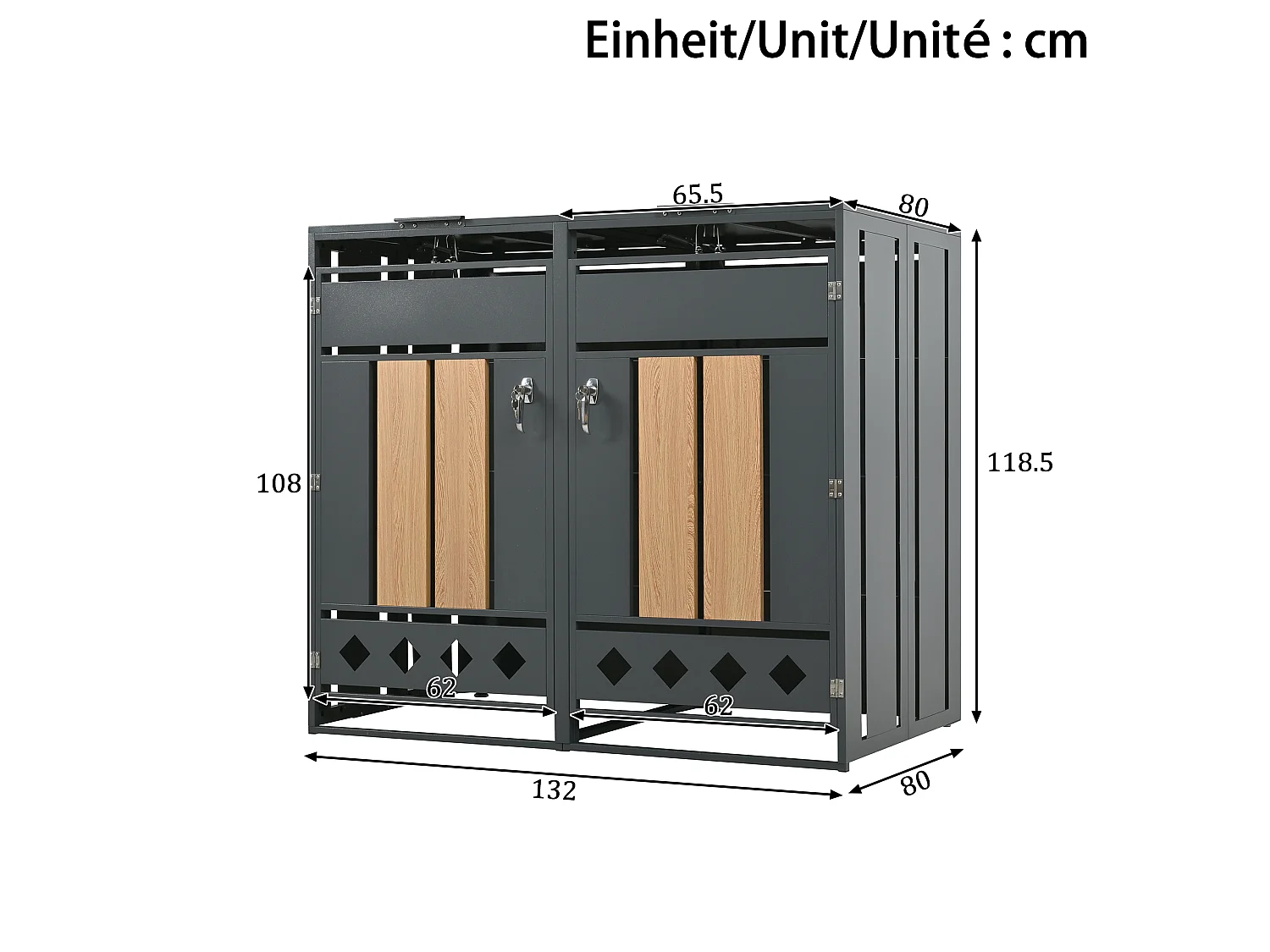 Cache-poubelle double 2x240L avec Couvercle Hydraulique et Design Losanges - Acier galvanisé aspect Bois - Double Ouverture - Gris