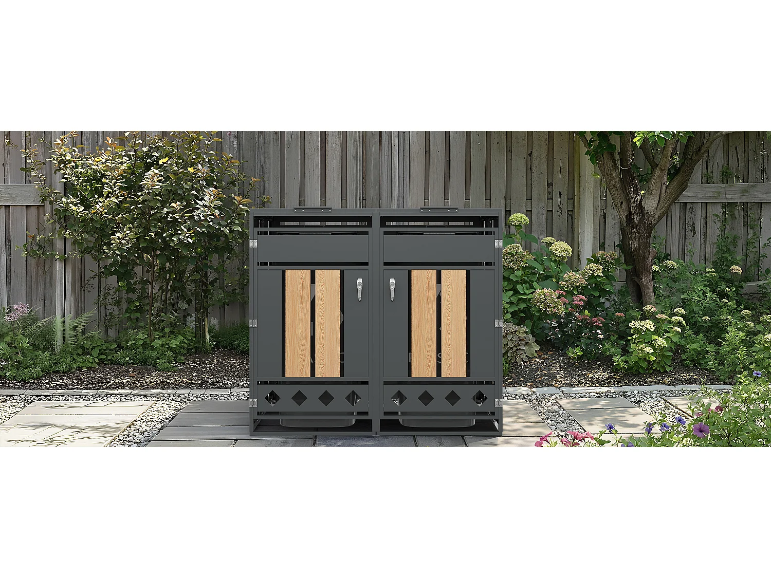 Cache-poubelle double 2x240L avec Couvercle Hydraulique et Design Losanges - Acier galvanisé aspect Bois - Double Ouverture - Gris