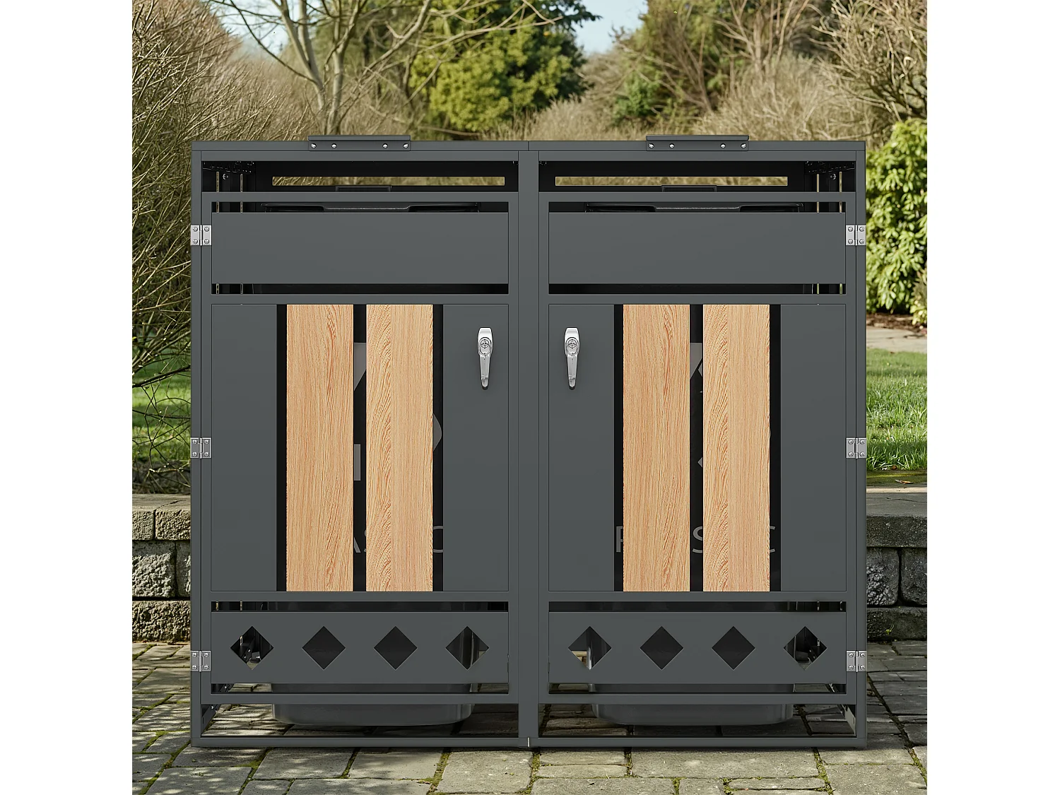 Cache-poubelle double 2x240L avec Couvercle Hydraulique et Design Losanges - Acier galvanisé aspect Bois - Double Ouverture - Gris