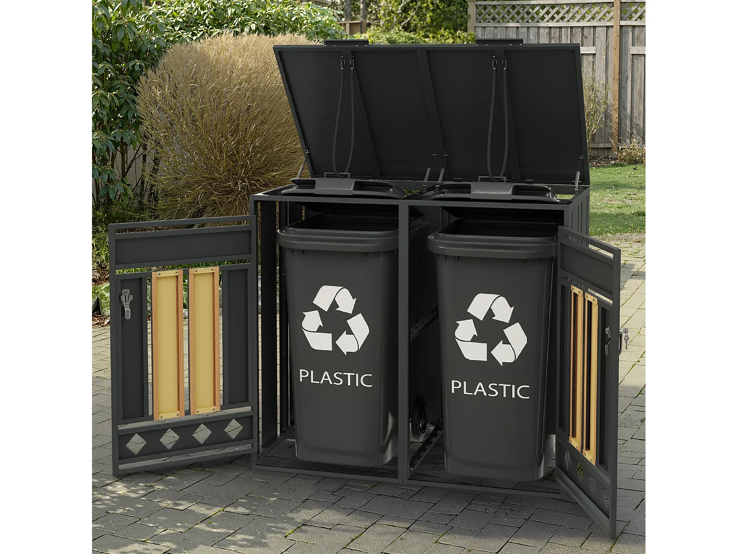 Cache-poubelle double 2x240L avec Couvercle Hydraulique et Design Losanges - Acier galvanisé aspect Bois - Double Ouverture - Gris