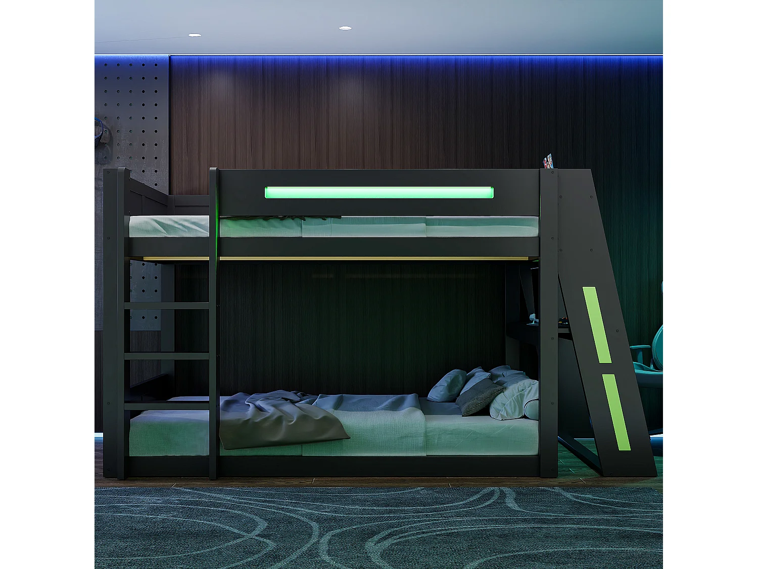 Lit superposé en bois 140x200 cm - Avec bureau, double étagère - Port USB et éclairage LED - MDF - Noir et vert (sans matelas)