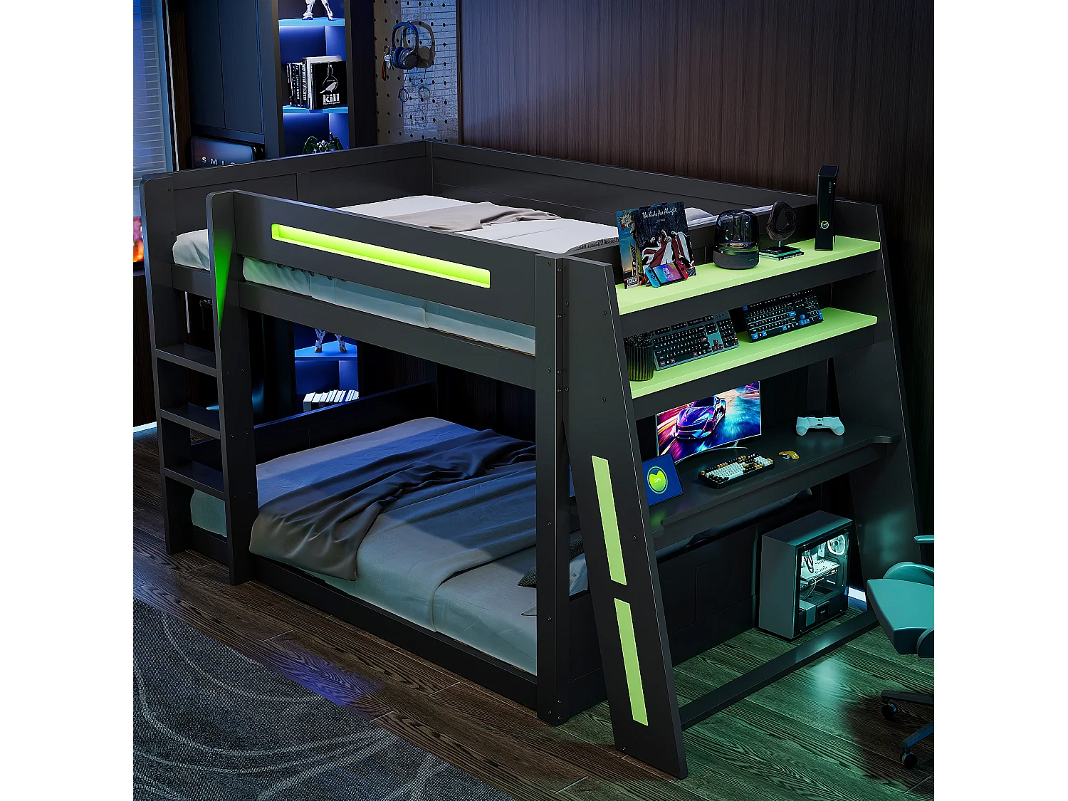 Lit superposé en bois 140x200 cm - Avec bureau, double étagère - Port USB et éclairage LED - MDF - Noir et vert (sans matelas)