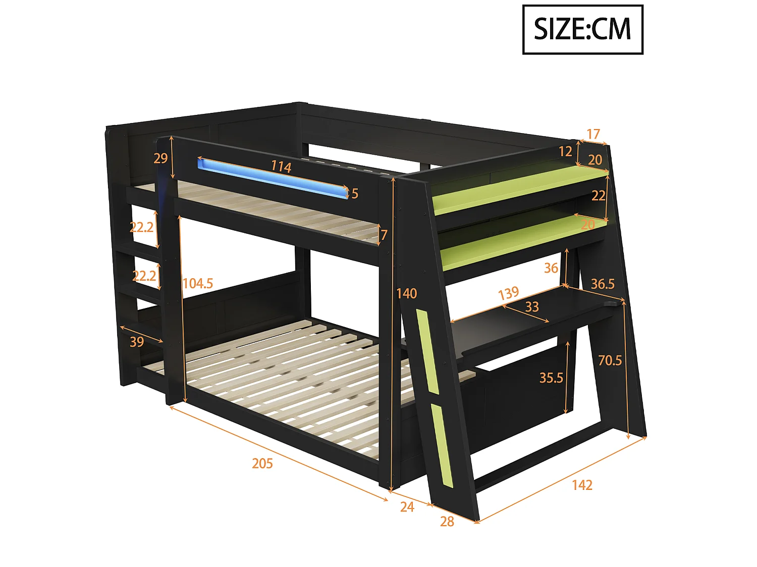 Lit superposé en bois 140x200 cm - Avec bureau, double étagère - Port USB et éclairage LED - MDF - Noir et vert (sans matelas)