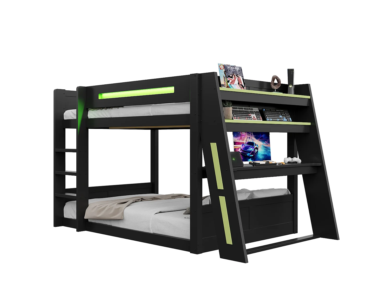 Lit superposé en bois 140x200 cm - Avec bureau, double étagère - Port USB et éclairage LED - MDF - Noir et vert (sans matelas)