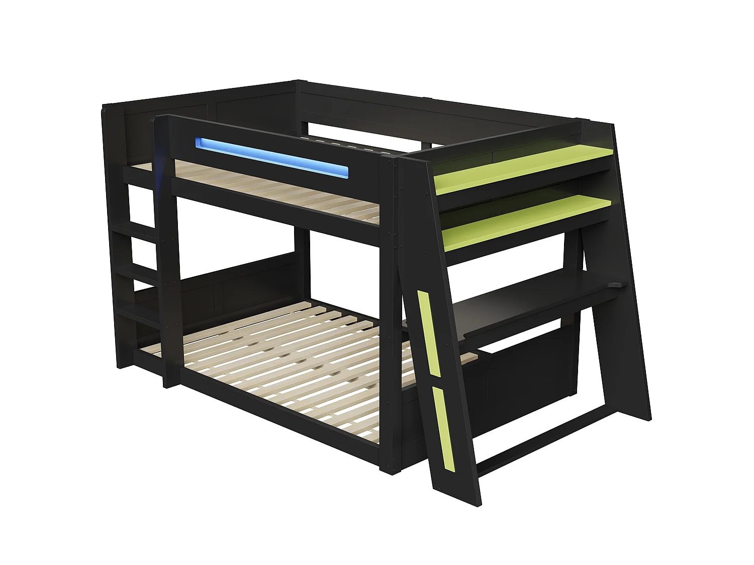 Lit superposé en bois 140x200 cm - Avec bureau, double étagère - Port USB et éclairage LED - MDF - Noir et vert (sans matelas)