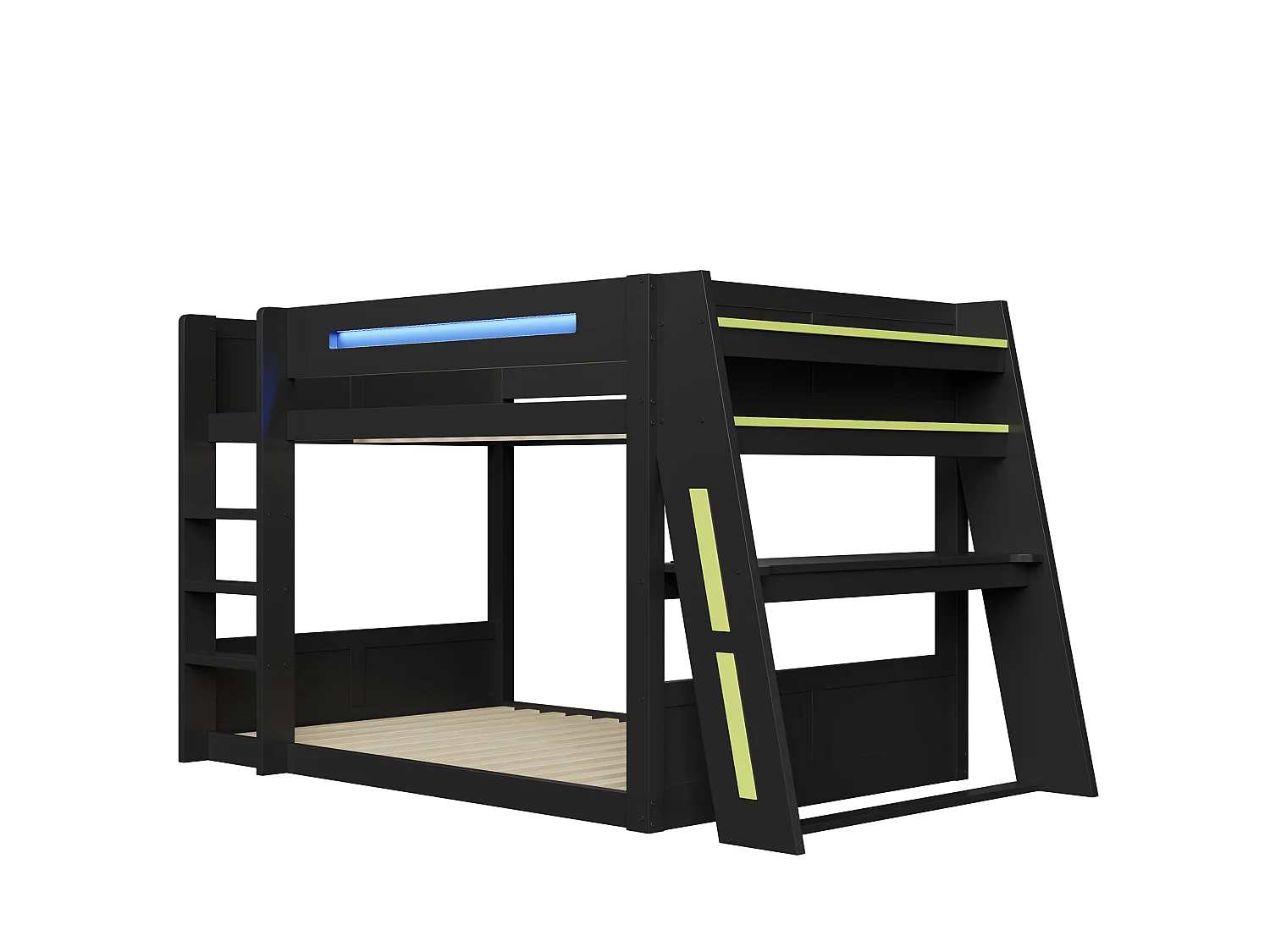 Lit superposé en bois 140x200 cm - Avec bureau, double étagère - Port USB et éclairage LED - MDF - Noir et vert (sans matelas)