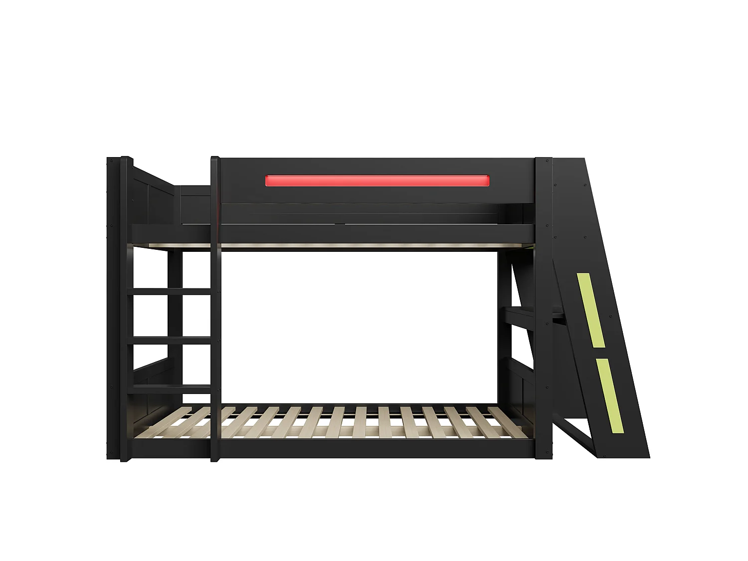 Lit superposé en bois 140x200 cm - Avec bureau, double étagère - Port USB et éclairage LED - MDF - Noir et vert (sans matelas)