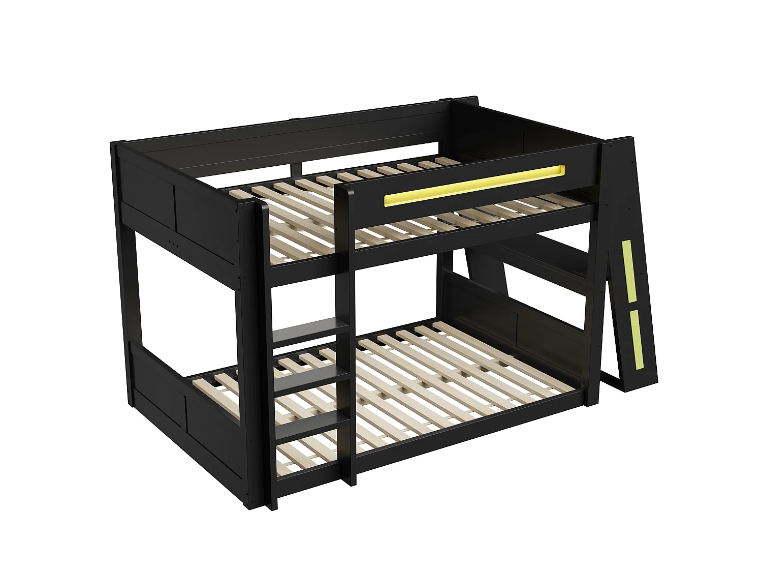 Lit superposé en bois 140x200 cm - Avec bureau, double étagère - Port USB et éclairage LED - MDF - Noir et vert (sans matelas)