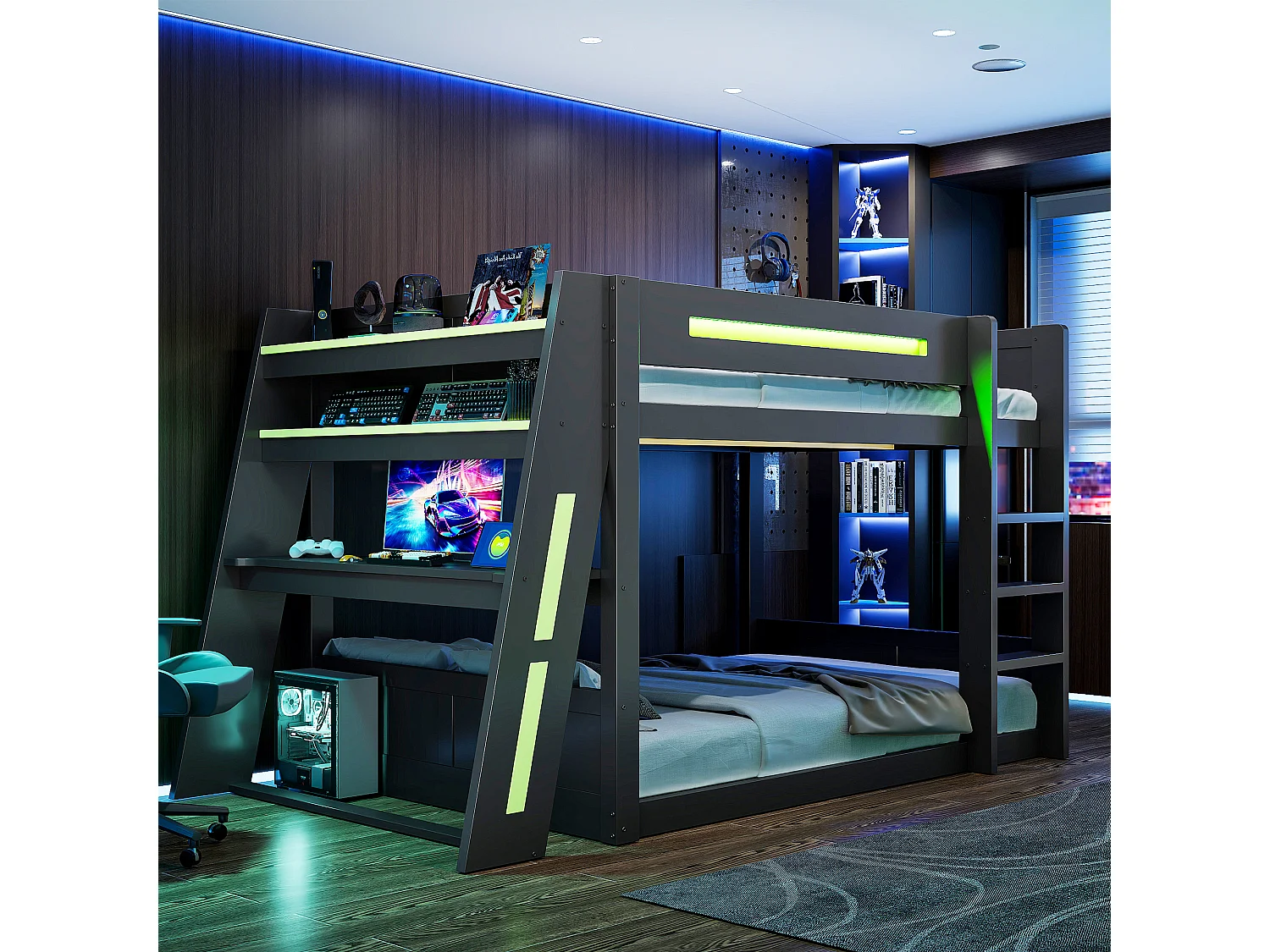 Letto a castello in legno 140 x 200 cm - Con scrivania, doppia mensola - Porta USB e illuminazione LED - MDF - nero e verde (senza materasso)