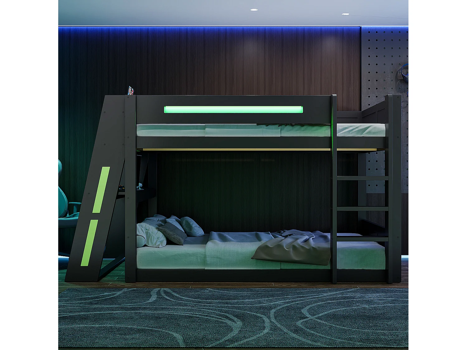 Letto a castello in legno 140 x 200 cm - Con scrivania, doppia mensola - Porta USB e illuminazione LED - MDF - nero e verde (senza materasso)