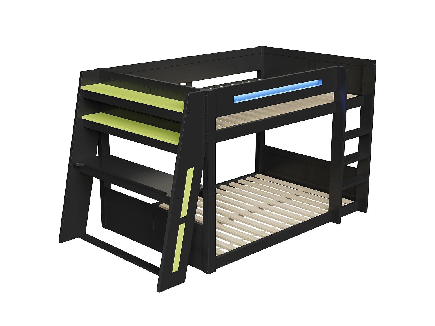 Letto a castello in legno 140 x 200 cm - Con scrivania, doppia mensola - Porta USB e illuminazione LED - MDF - nero e verde (senza materasso)