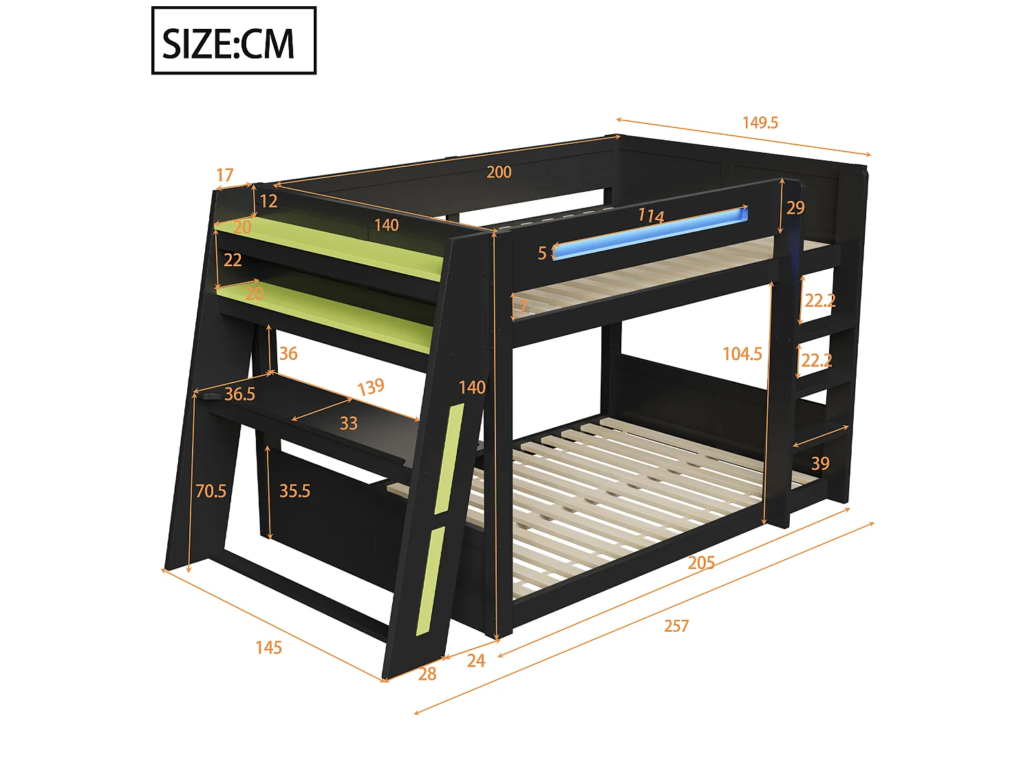 Letto a castello in legno 140 x 200 cm - Con scrivania, doppia mensola - Porta USB e illuminazione LED - MDF - nero e verde (senza materasso)