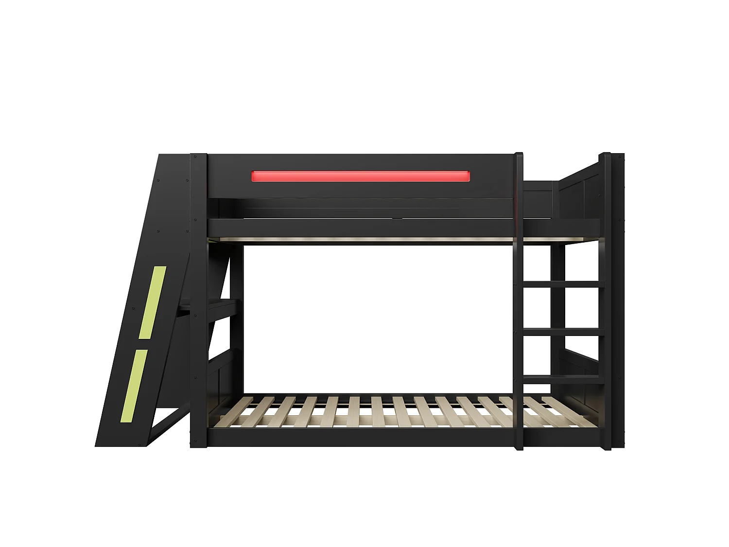 Letto a castello in legno 140 x 200 cm - Con scrivania, doppia mensola - Porta USB e illuminazione LED - MDF - nero e verde (senza materasso)