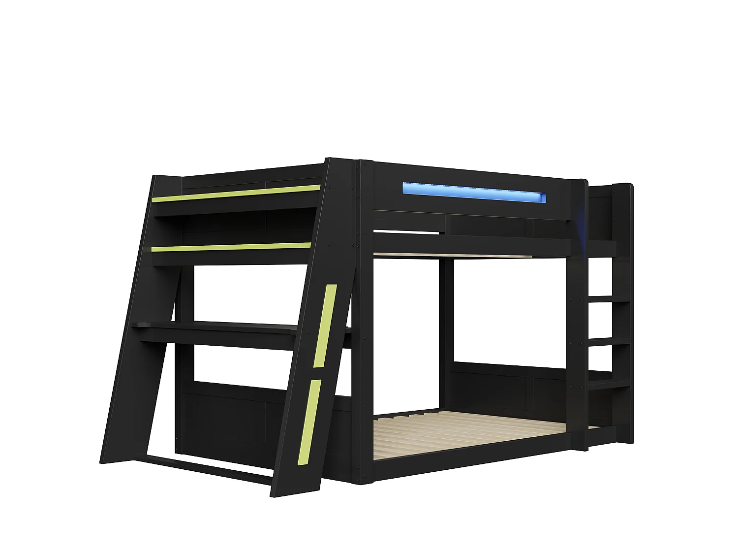 Letto a castello in legno 140 x 200 cm - Con scrivania, doppia mensola - Porta USB e illuminazione LED - MDF - nero e verde (senza materasso)