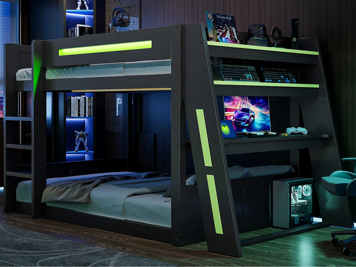 Lit superposé en bois 140x200 cm - Avec bureau, double étagère - Port USB et éclairage LED - MDF - Noir et vert (sans matelas)