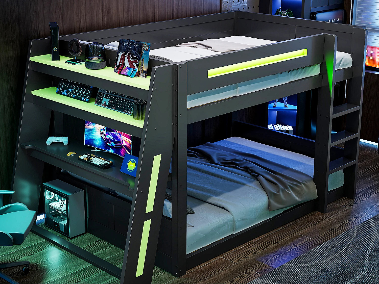 Letto a castello in legno 140 x 200 cm - Con scrivania, doppia mensola - Porta USB e illuminazione LED - MDF - nero e verde (senza materasso)