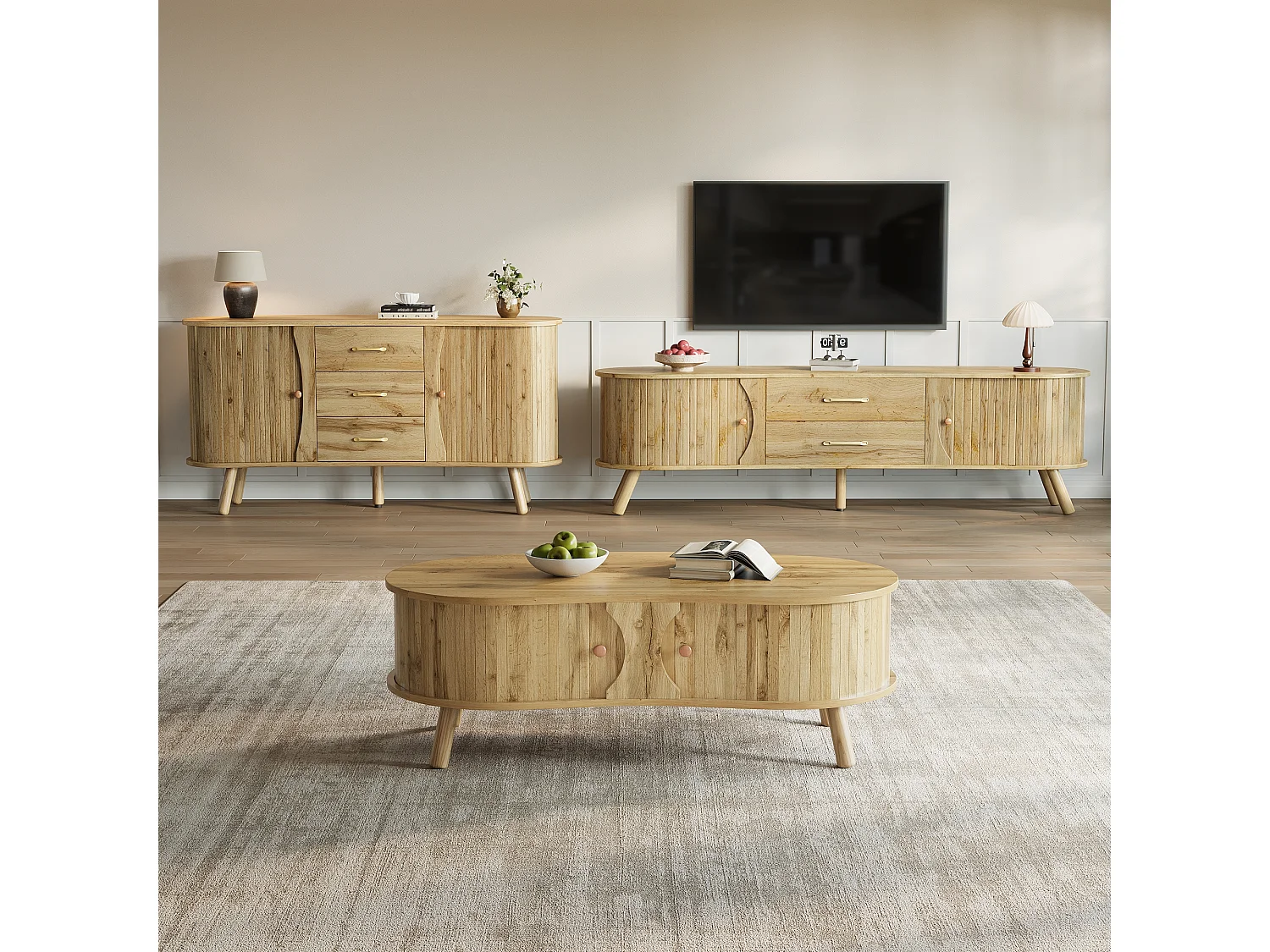 3-delige woonkamerset - salontafel + tv-meubel + dressoir - met deuren en lades - MDF - naturel