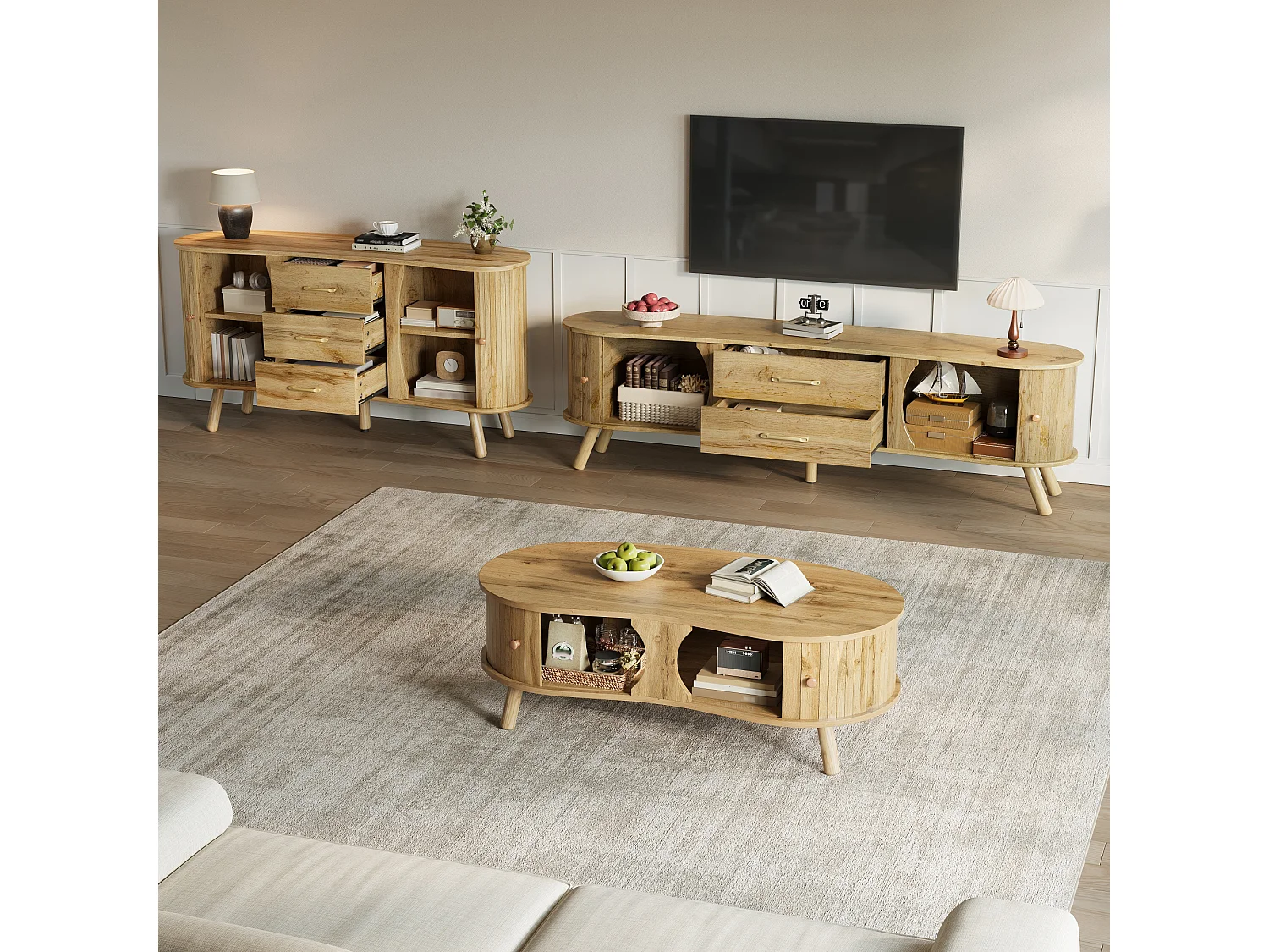 3-delige woonkamerset - salontafel + tv-meubel + dressoir - met deuren en lades - MDF - naturel